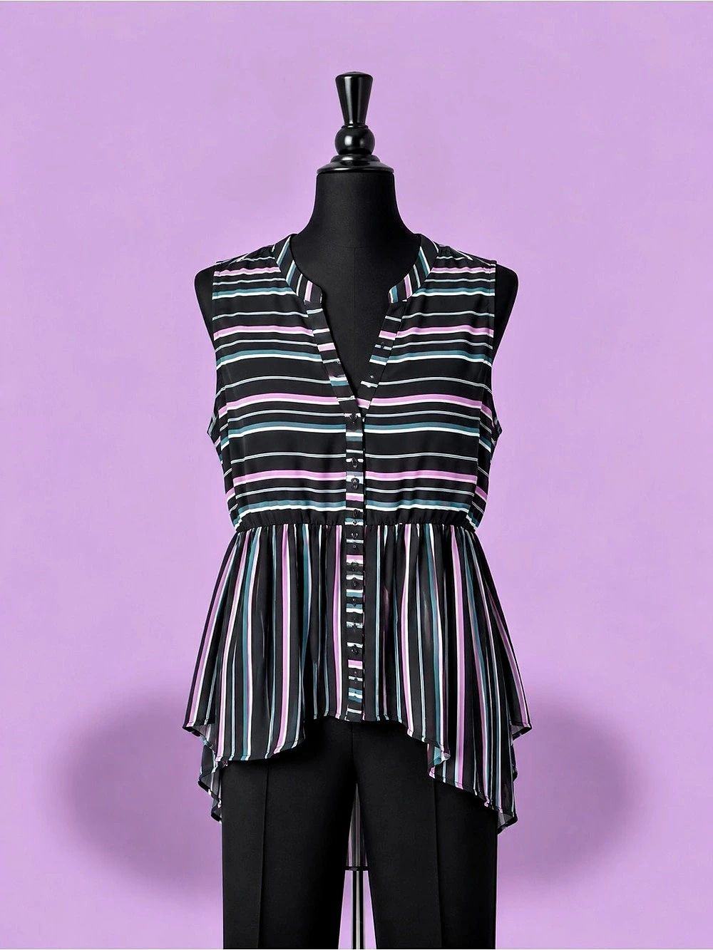 Torrid Striped High/Low Peplum Blouse in Black & Pink Size 1